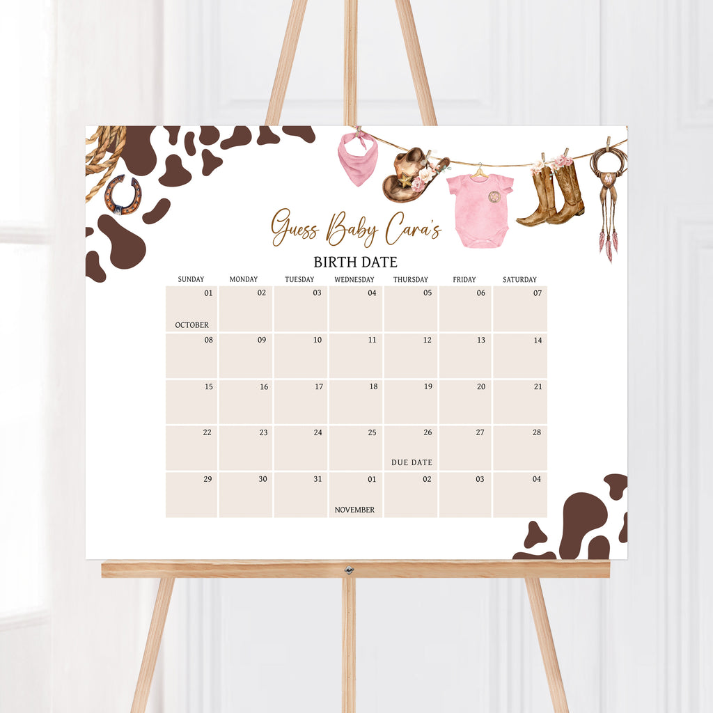Pink Cowgirl Baby Shower Due Date Calendar