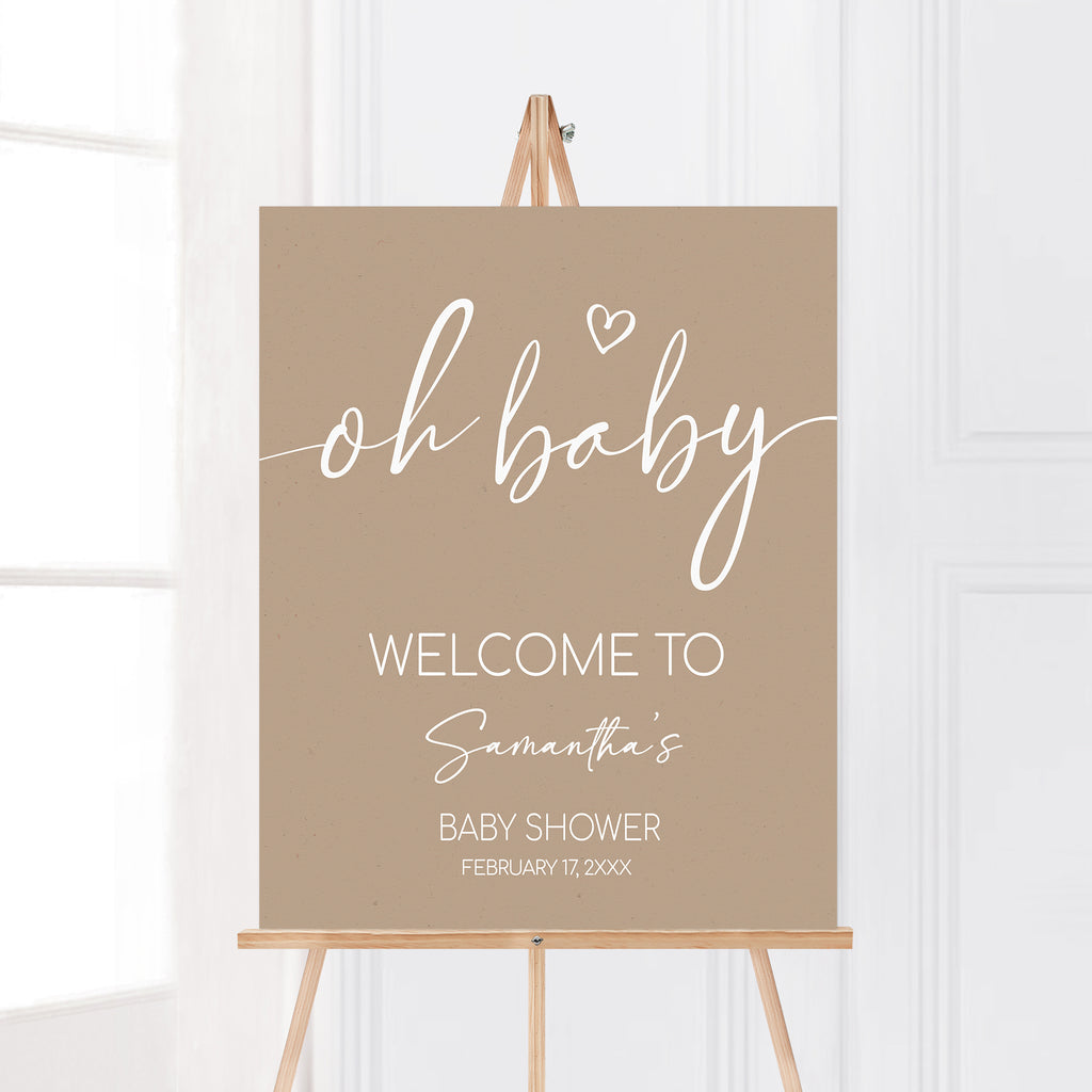 Brown Minimalist Oh Baby Shower Welcome Sign