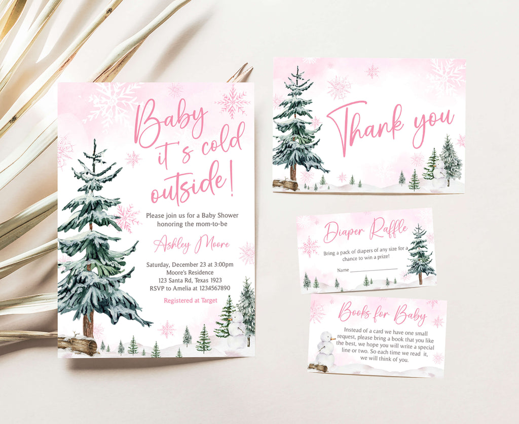 Pink Baby It's Cold Outside Baby Shower Invitation Set