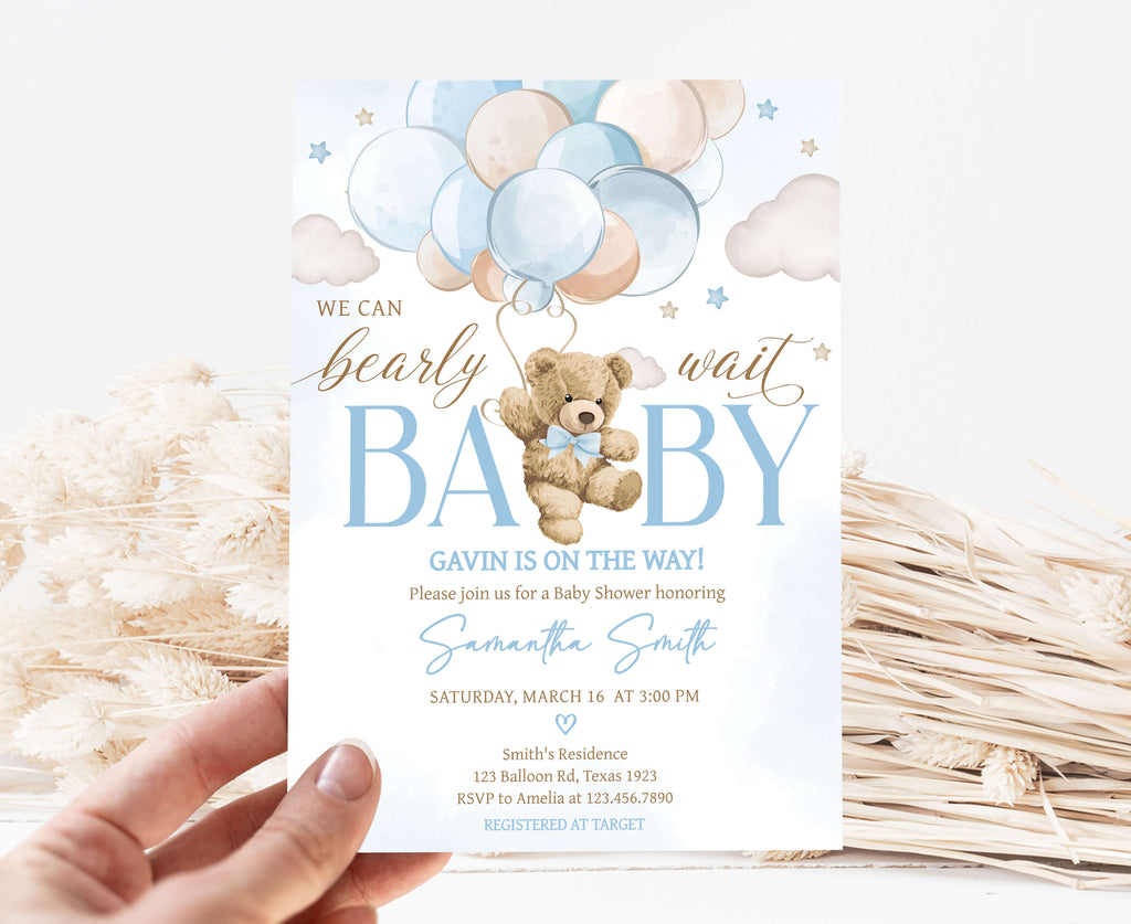 Blue Bear Balloon Baby Shower Invitation
