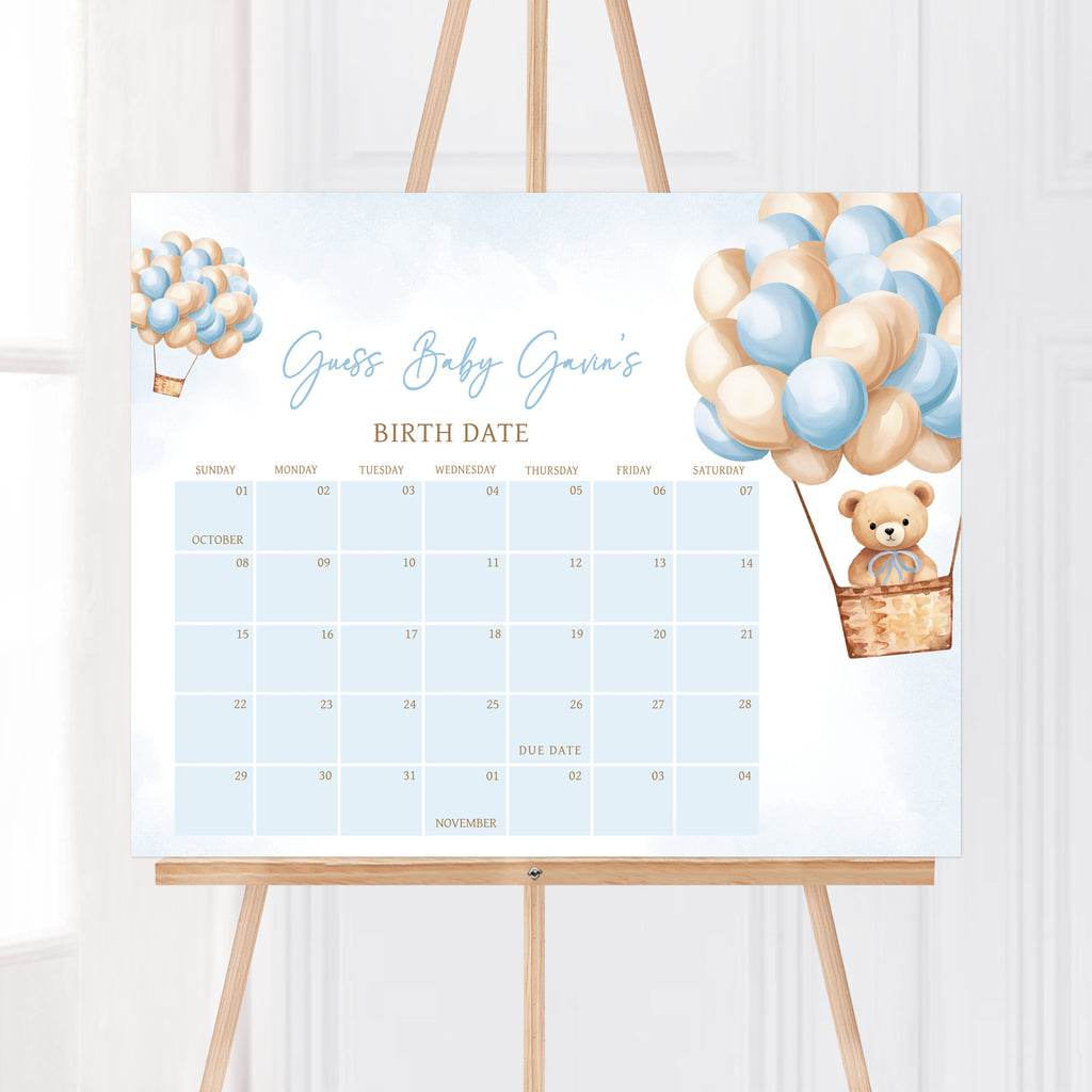 Blue Bear Hot Air Balloon Baby Shower Due Date Calendar