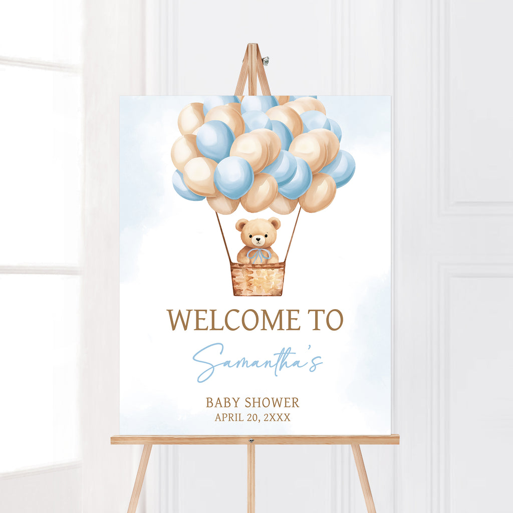 Blue Bear Hot Air Balloon Baby Shower Welcome Sign