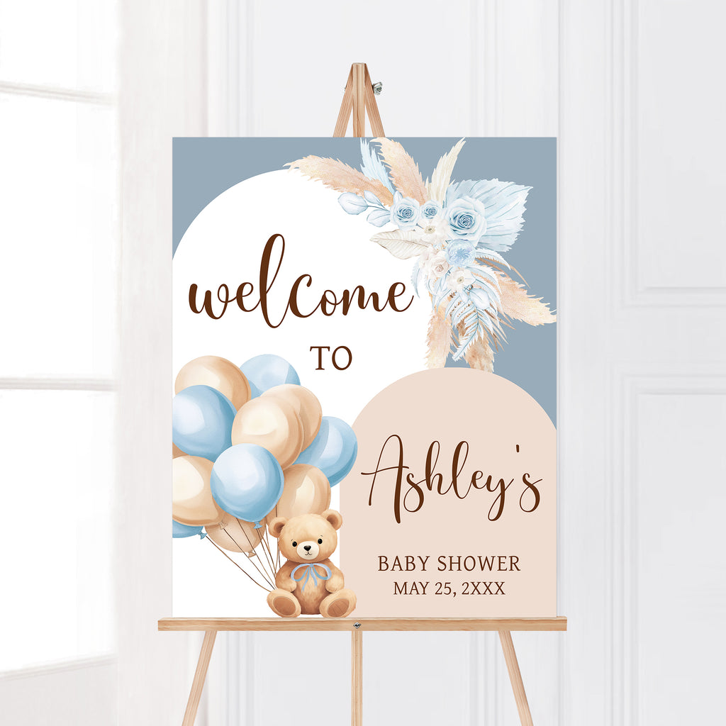 Blue Bear Balloon Baby Shower Welcome Sign
