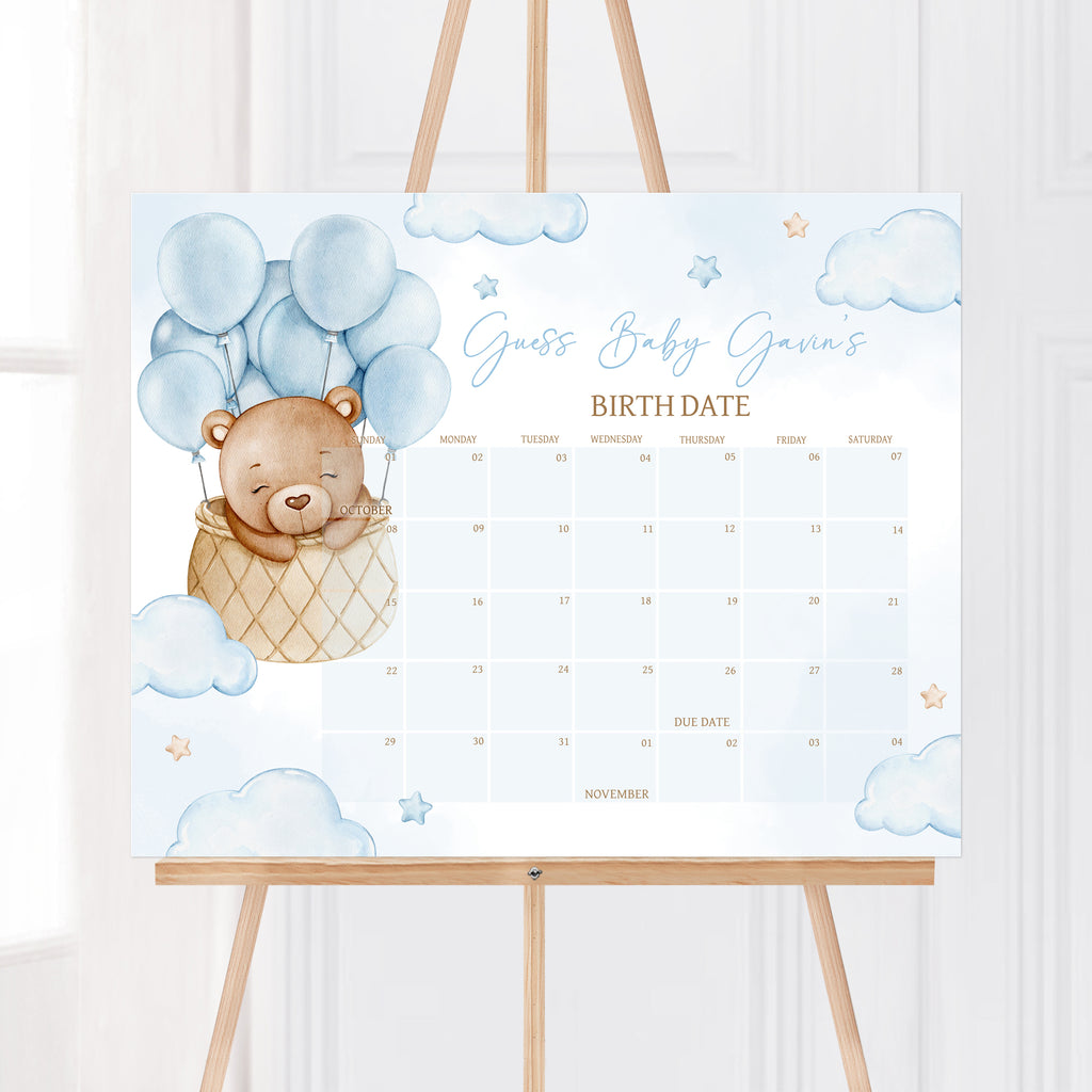 Blue Hot Air Balloon Bear Baby Shower Due Date Calendar