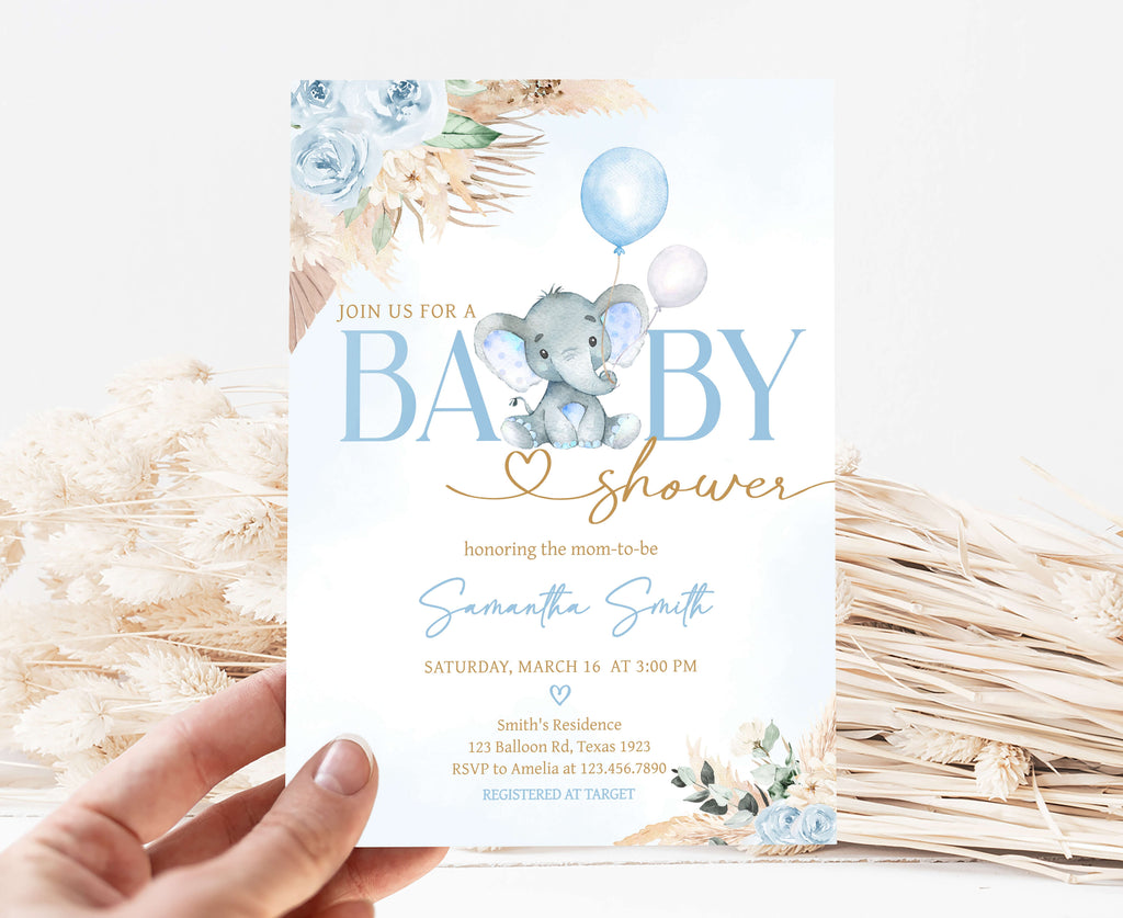 Blue Boho Elephant Baby Shower Invitation