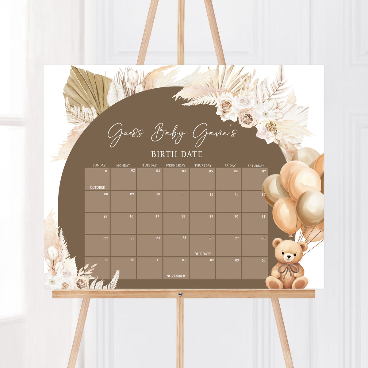 Due Date Calendar Game Printable for Neutral Balloon Bear Baby Shower ...
