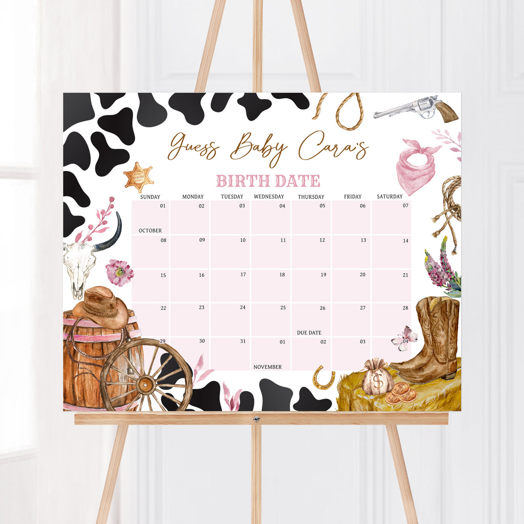 Due Date Calendar Game Printable for Cowgirl Baby Shower