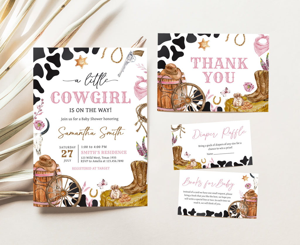 Cowgirl Baby Shower Invitation Bundle for Girl Pink and Black