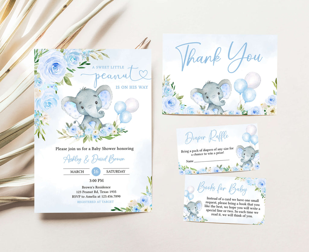 Blue Floral Elephant Baby Shower Invitation Set