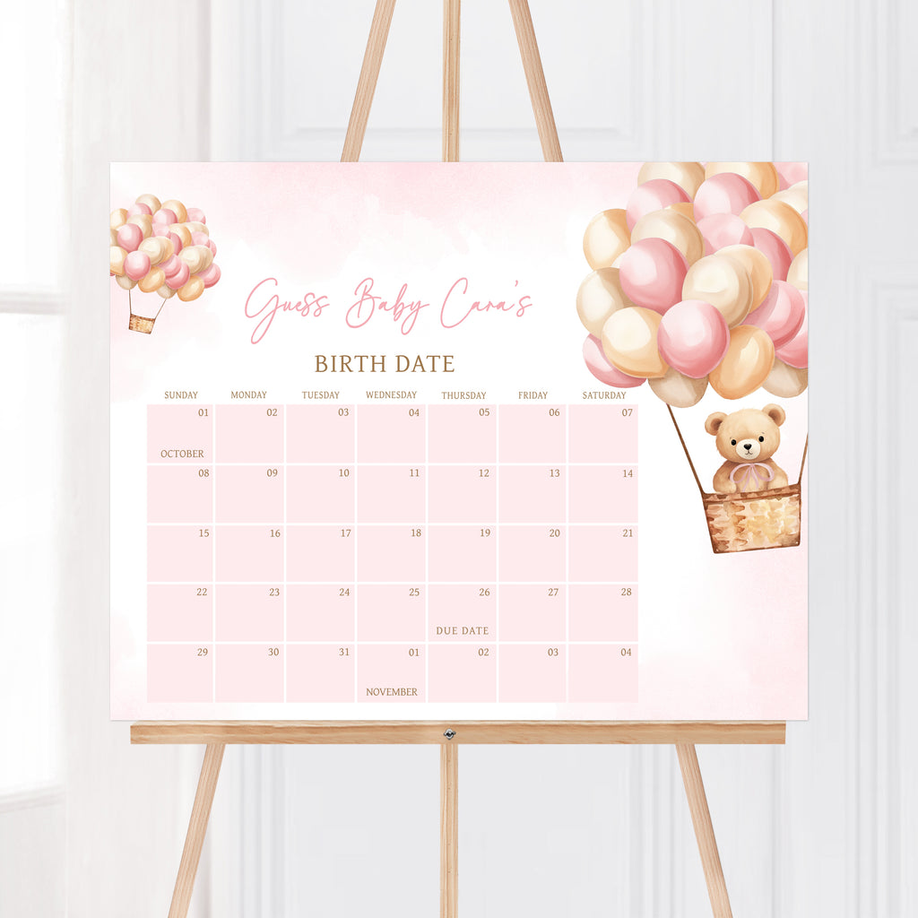 Girl Bear Balloon Baby Shower Due Date Calendar