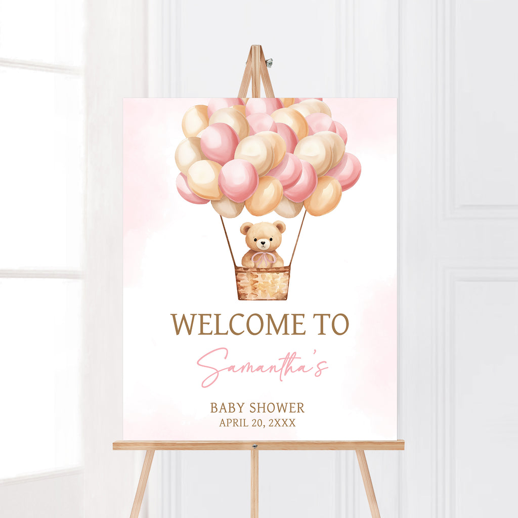 Girl Bear Balloon Baby Shower Welcome Sign