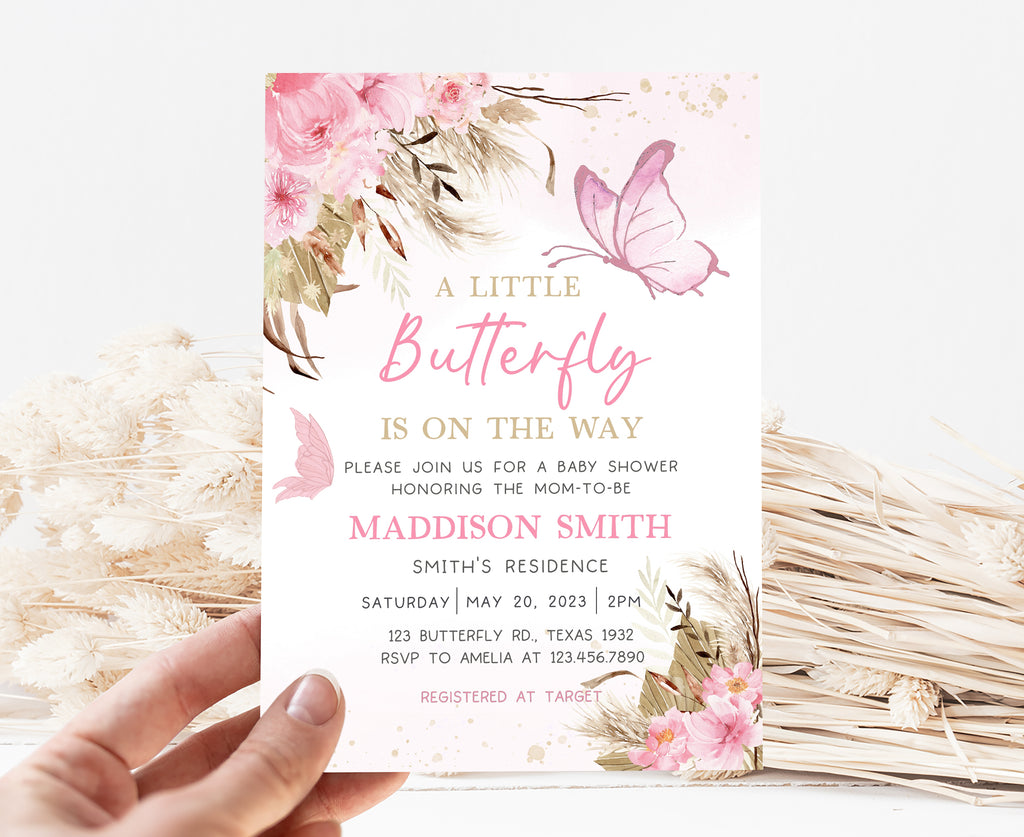 Pink Boho Butterfly Baby Shower Invitation