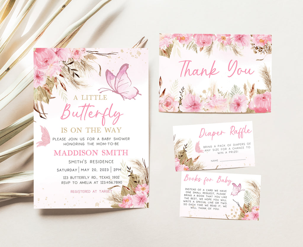 Pink Boho Butterfly Baby Shower Invitation Set