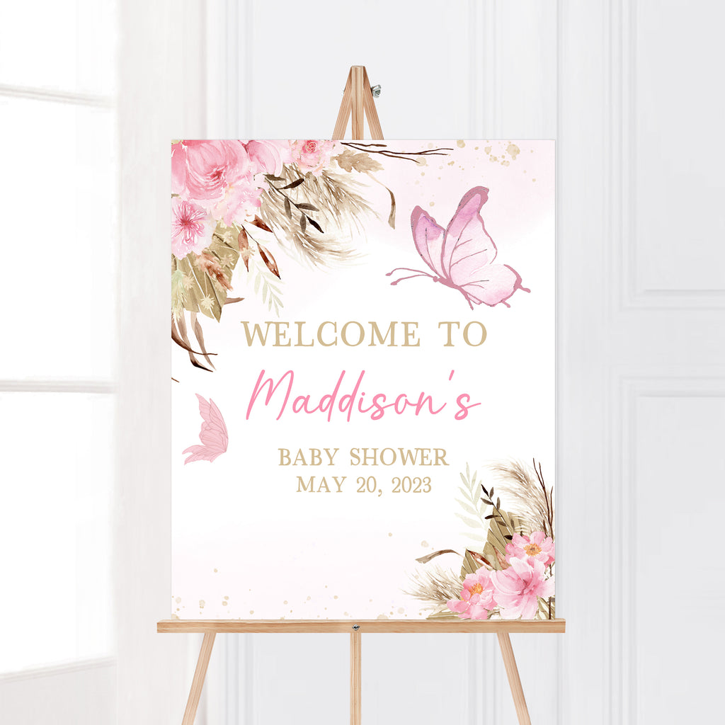 Pink Boho Butterfly Baby Shower Welcome Sign