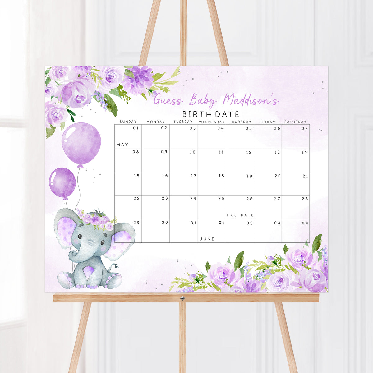 Printable Girl Elephant Baby Shower Due Date Calendar – Cuddle Palette