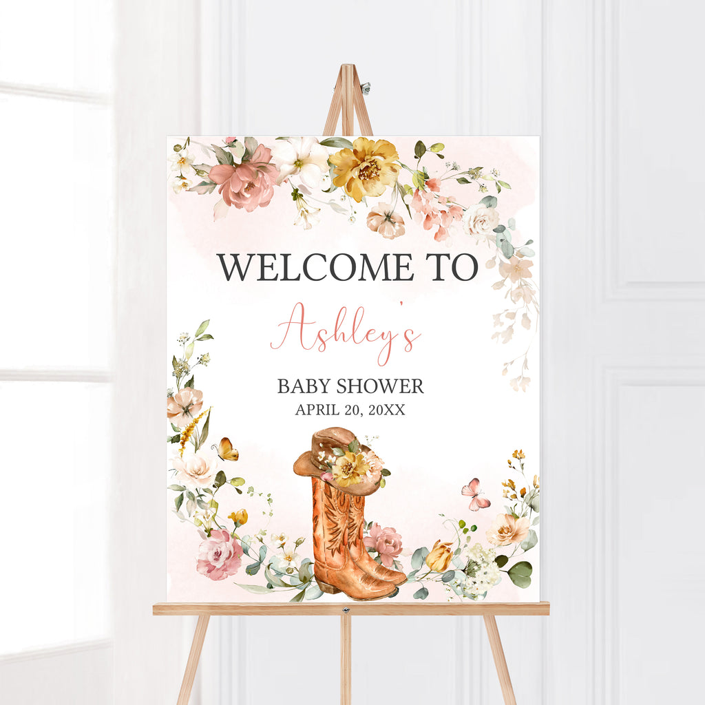 Pink Cowgirl Boots Baby Shower Welcome Sign Printable