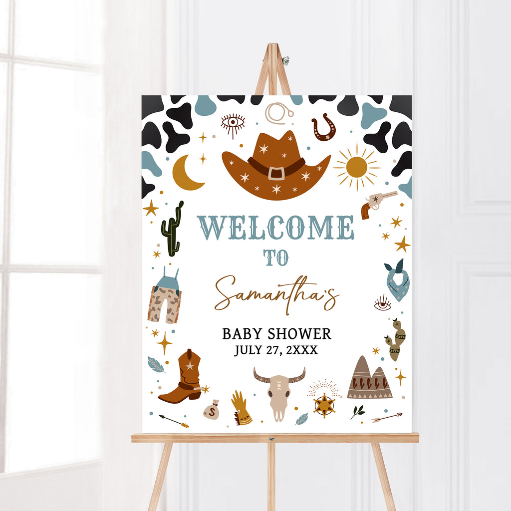 Printable Blue Cowboy Baby Shower Welcome Sign Template