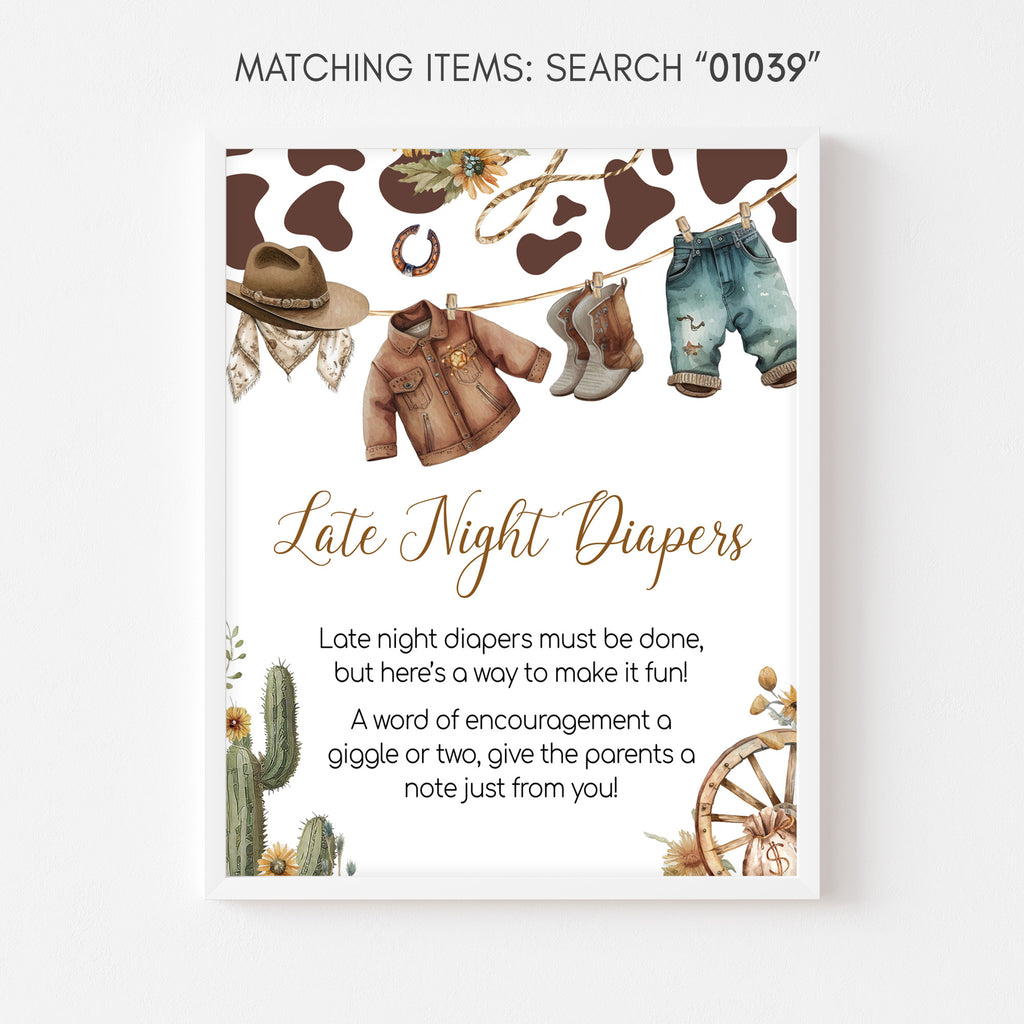 A Little Cowboy Baby Shower Late Night Diapers Sign