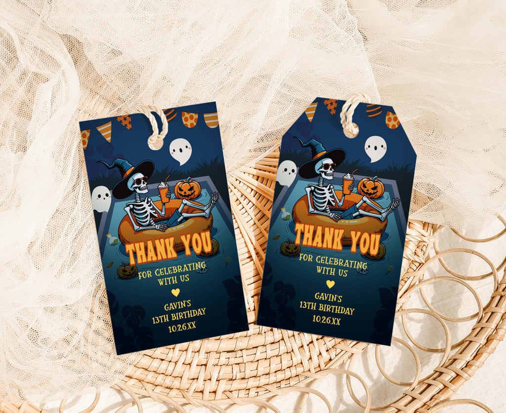 Skeleton in pool Halloween favor tags with spooky pumpkins