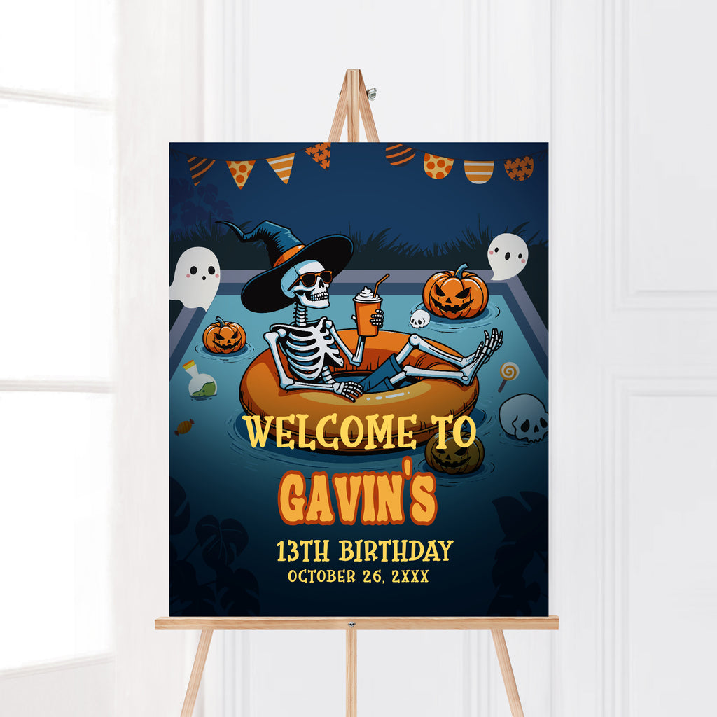 Unique witch skeleton welcome sign for summer-themed spooky party