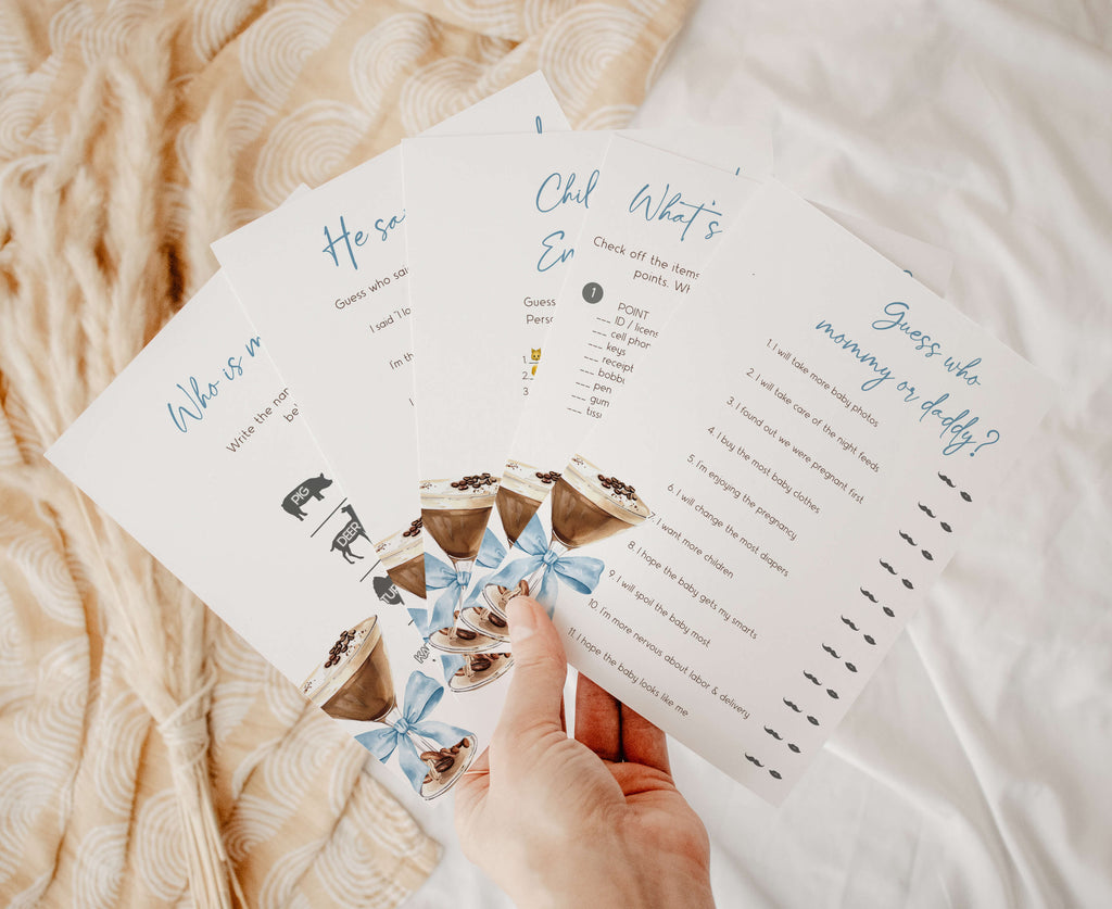 Printable tini one baby shower games bundle for boy, espresso martini theme, Tini one baby boy shower games pack, coffee martini party printable set