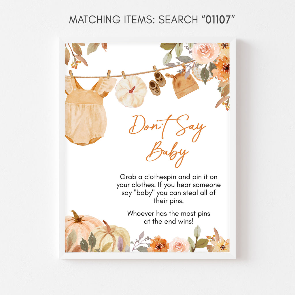 Don’t Say Baby game sign with clothesline design and pumpkins, great for an autumn or little pumpkin shower
