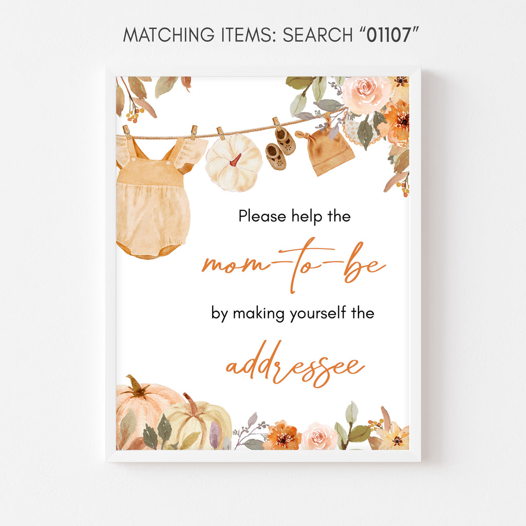 Envelope station sign for little pumpkin theme featuring clothesline, baby clothes, and warm fall florals