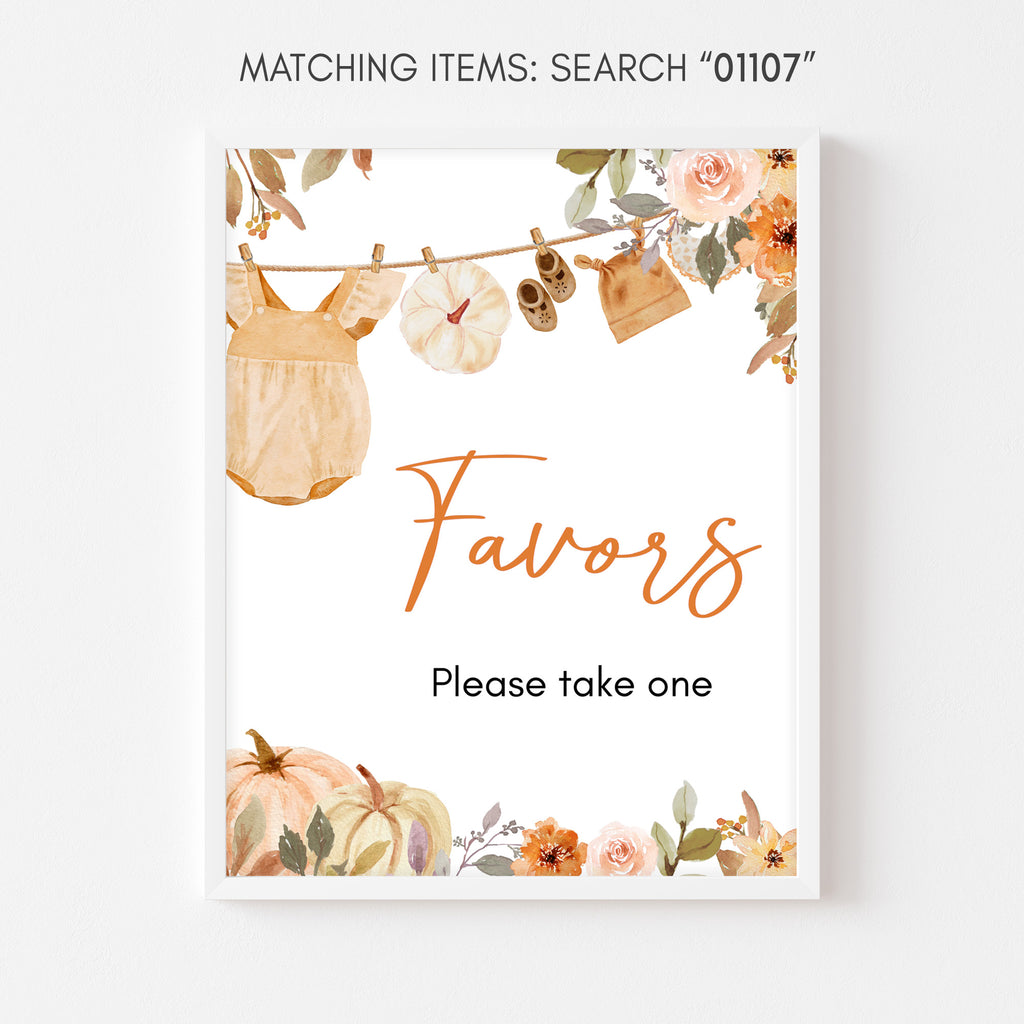 Thank you favors sign for fall baby shower with pumpkin, floral, and baby clothesline design for a rustic feel