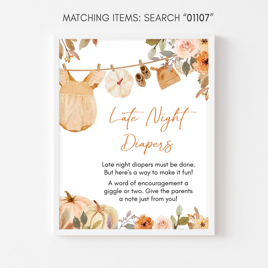 Late night diapers sign with rustic fall baby clothesline and pumpkins, a cute touch for baby shower stations