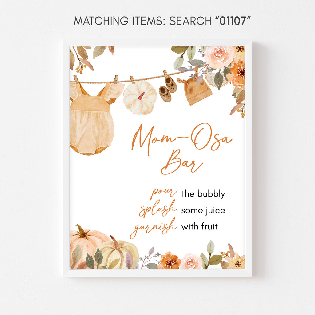 Mimosa bar sign with fall baby shower theme featuring pumpkins, baby clothesline, and boho floral accents