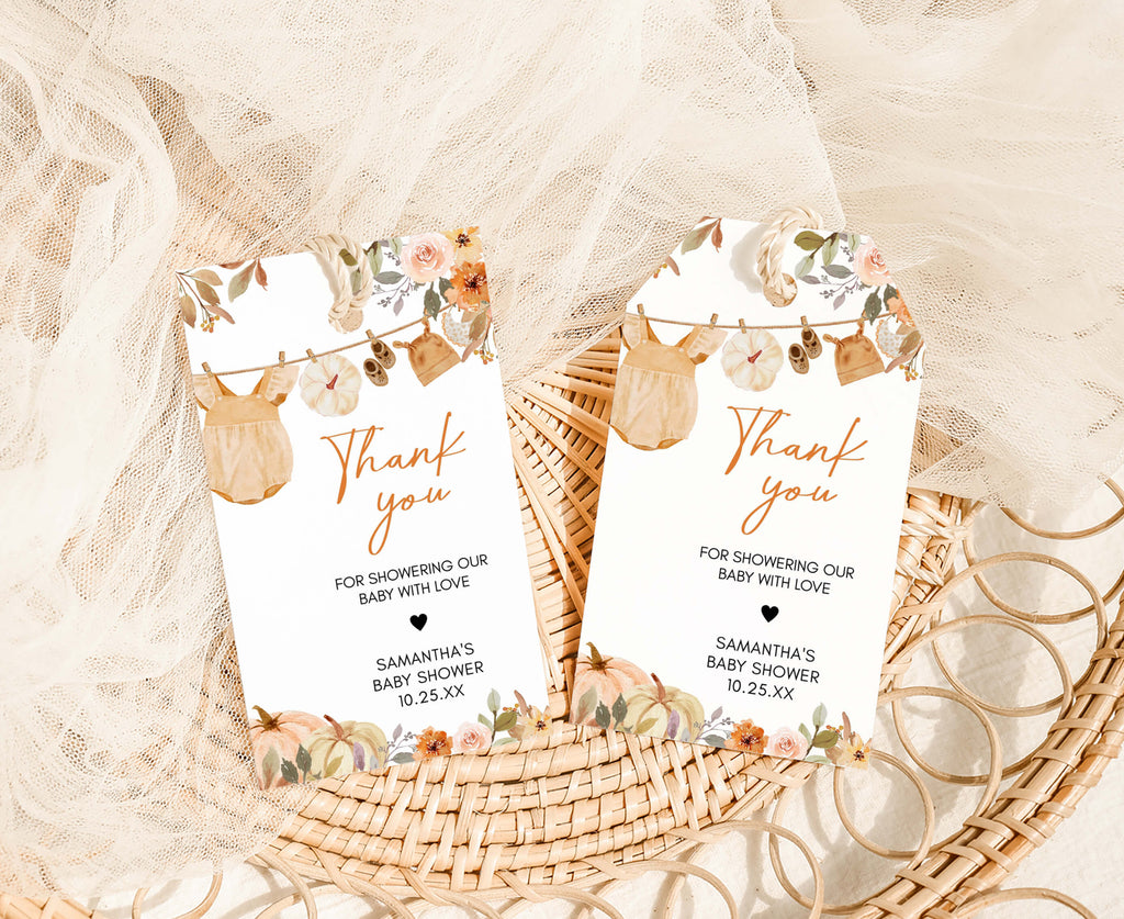 Fall-themed favor tags with pumpkins and baby clothesline for little pumpkin baby shower favors