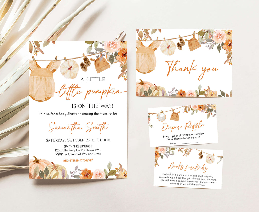 Fall baby shower invitation pack with pumpkins, floral accents, and baby clothesline design for a little pumpkin theme