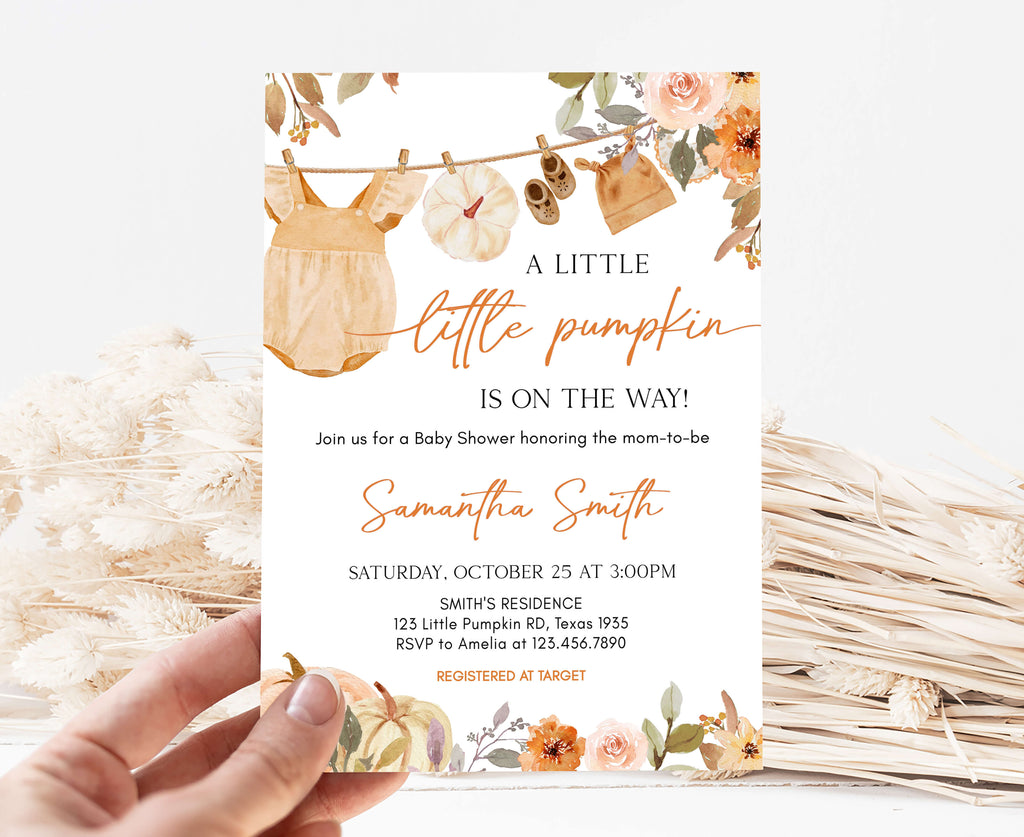 Printable clothesline baby shower invitation with pumpkin theme