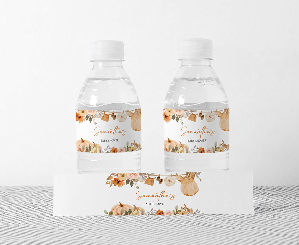 Pumpkin baby shower bottle labels with cute fall design featuring baby clothes and rustic floral elements