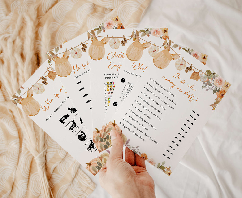 Printable fall baby shower games bundle with rustic baby clothesline and pumpkins for a cozy little pumpkin celebration