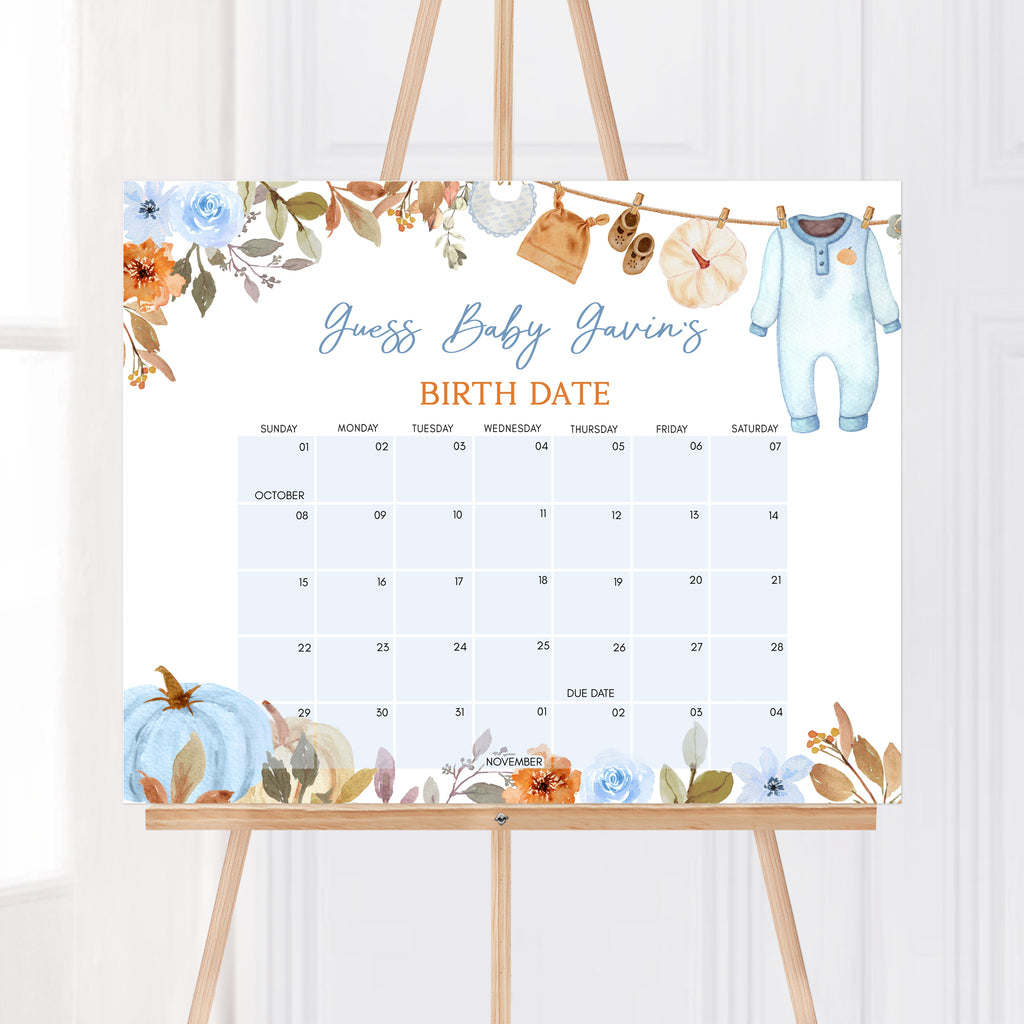 Pumpkin-themed due date calendar for boy baby shower, clothesline and blue floral design for fall baby celebrations