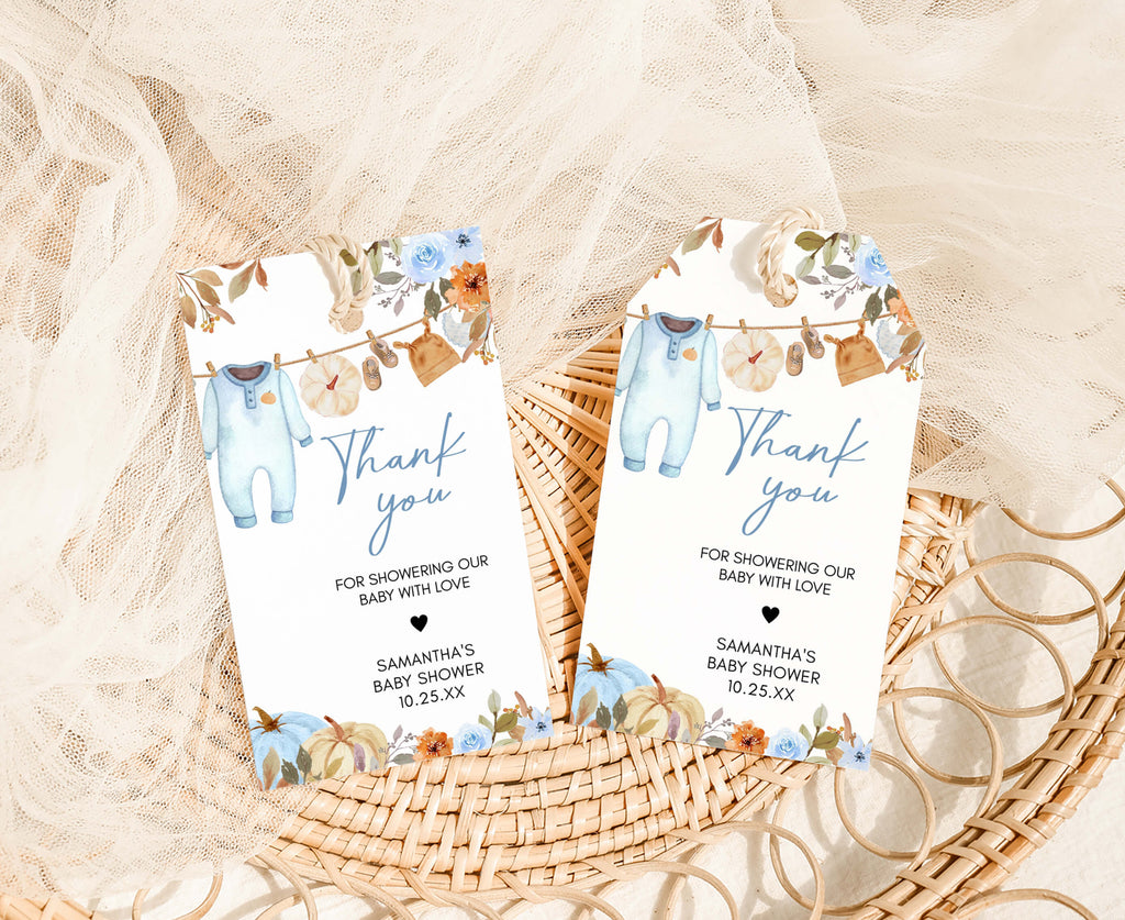 Printable favor tags with pumpkin, floral, and baby boy clothesline design for fall baby showers