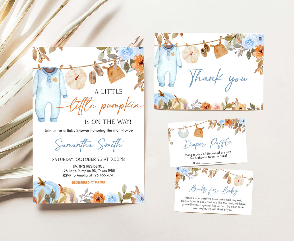 Little pumpkin baby shower invitation set for boy with blue and floral clothesline design for fall parties