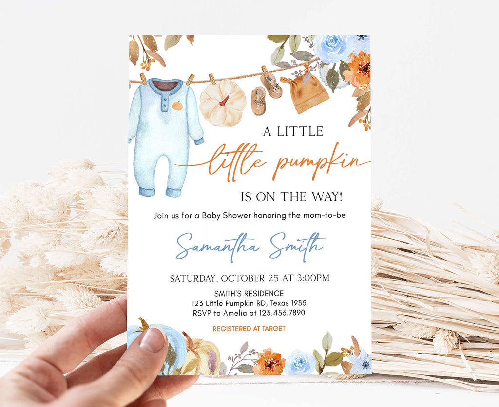 Rustic baby boy shower invitation with watercolor pumpkins