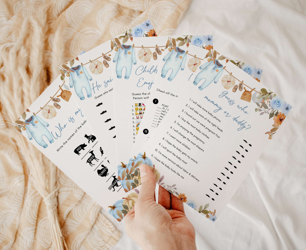 Fall baby shower games bundle for boy, blue pumpkin and floral themed with matching rustic autumn design elements