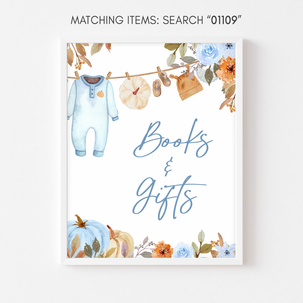 Books and gifts table sign for fall baby shower boy theme with blue pumpkins and clothesline illustrations