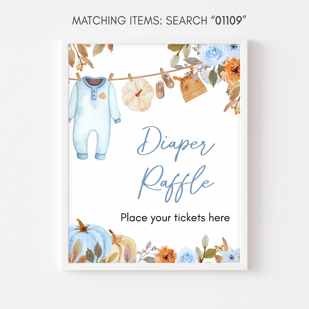 Pumpkin baby shower diaper raffle sign for baby boy in fall colors, features blue baby clothes and rustic florals