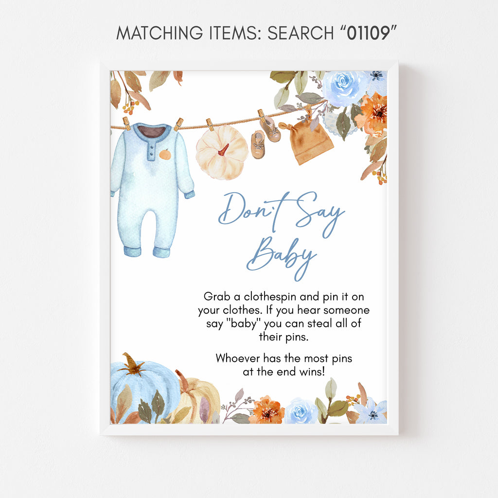 Don't Say Baby game sign with fall baby shower theme, blue boy clothes and pumpkin watercolor design