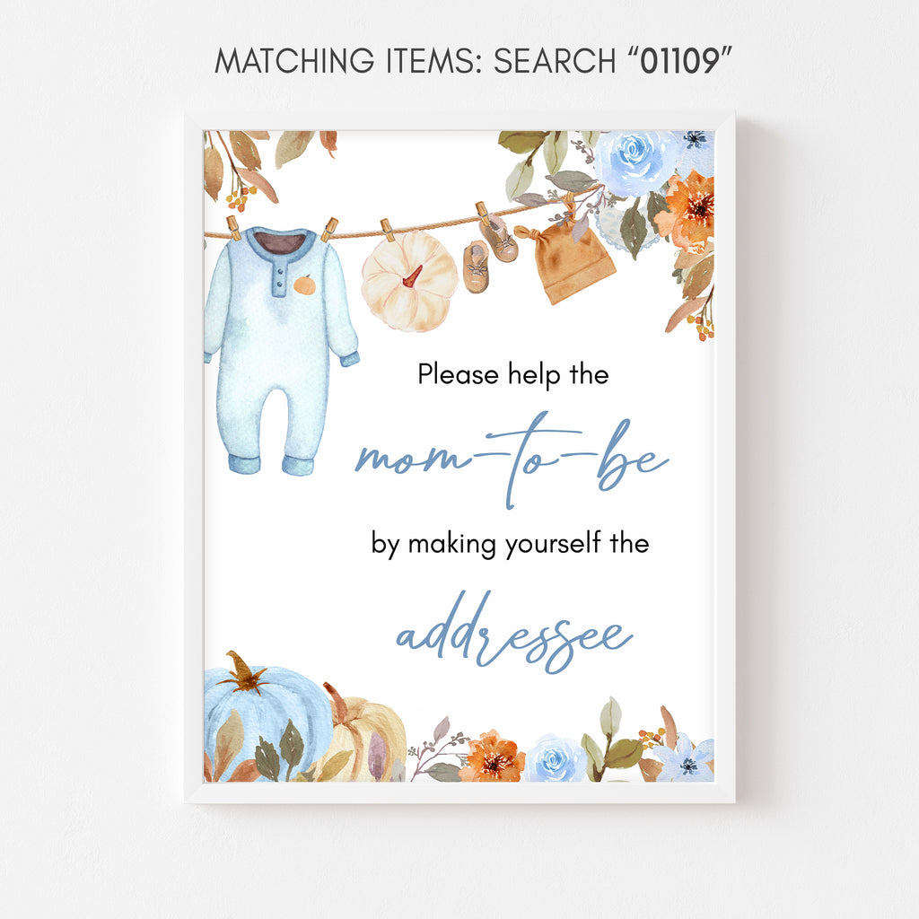 Envelope station sign with little pumpkin baby boy theme, blue fall floral and clothesline graphics