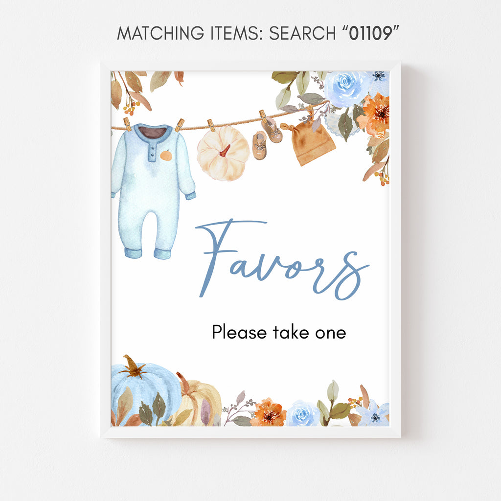 Favors sign for fall baby boy shower with pumpkin and clothesline art for rustic autumn events