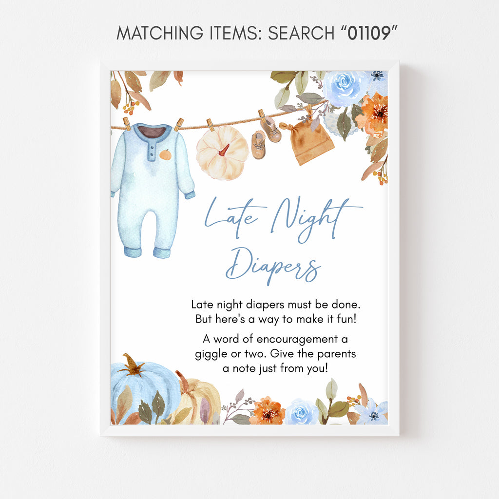 Late night diapers sign with blue pumpkin and floral baby boy clothes design for fall baby showers