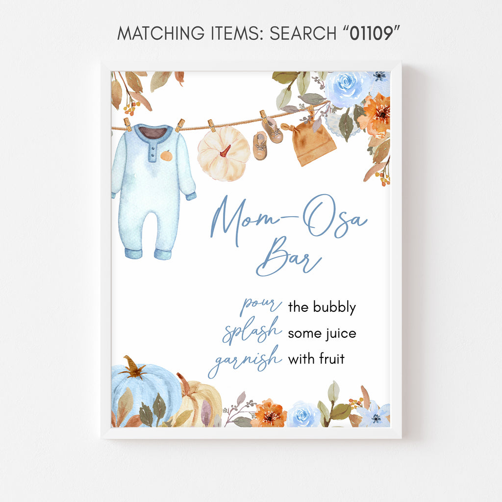 Mimosa bar sign for baby boy shower in fall with pumpkin, floral, and blue baby clothesline illustrations