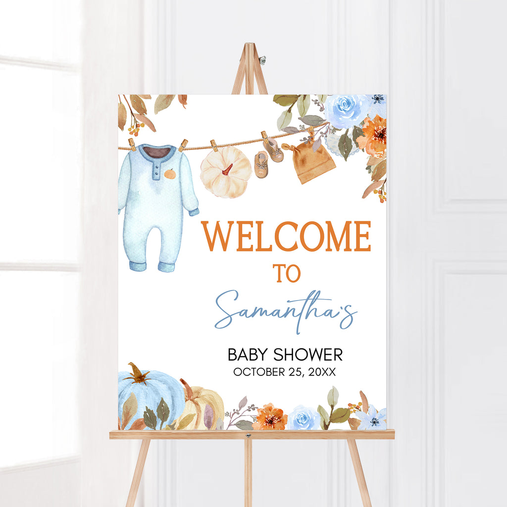 Welcome sign for fall baby shower, little pumpkin theme in blue for boy, with floral and rustic clothesline art