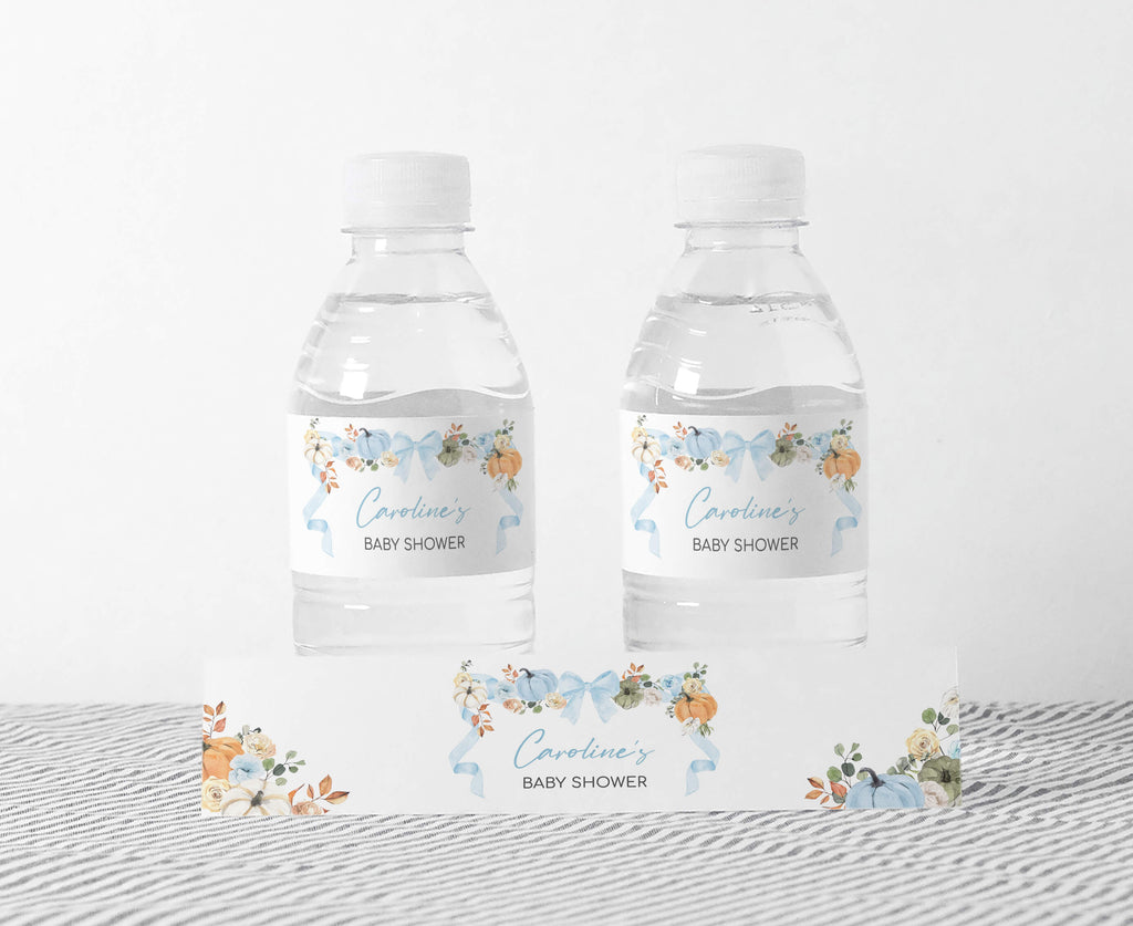 Fall baby shower bottle labels with cute pumpkins and blue ribbons for a little pumpkin themed celebration