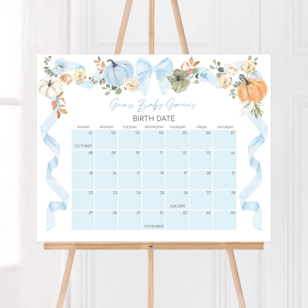Editable due date calendar with fall pumpkins, blue ribbon details, and floral watercolor for a little pumpkin baby shower